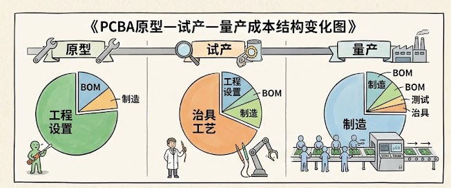 PCBA原型—试产—量产成本结构变化图 PCBA原型—试产—量产成本结构变化图