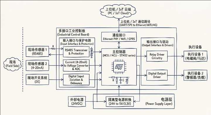 工业控制板需要同时接RS485、4–20mA、DI/DO和继电器，应该怎么设计？